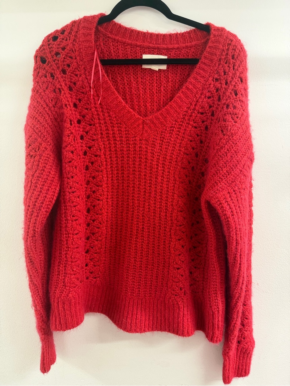 Lucky Brand Women's Red V-Neck Pointelle Sweater